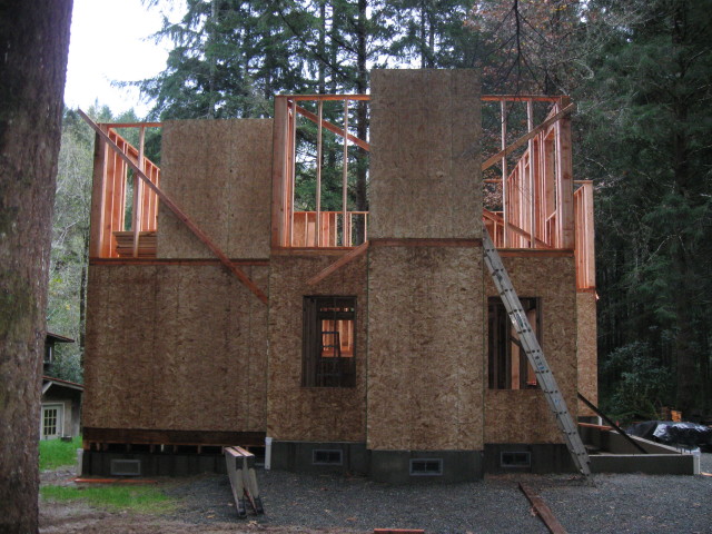 North side of the house--there will be a woodburning stove chimney in the center there - from the New house construction November 2014 photo gallery.